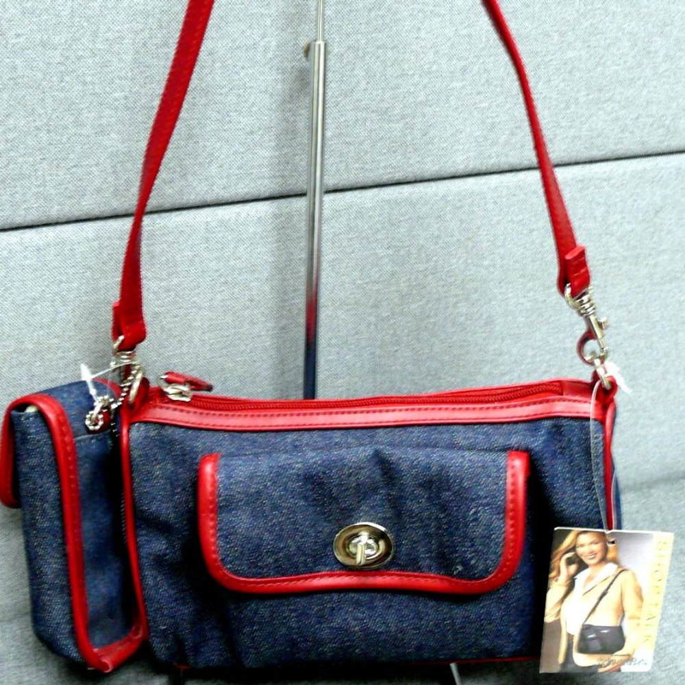 St. John's Bay Denim Red leather Trim Hand Bag NWT